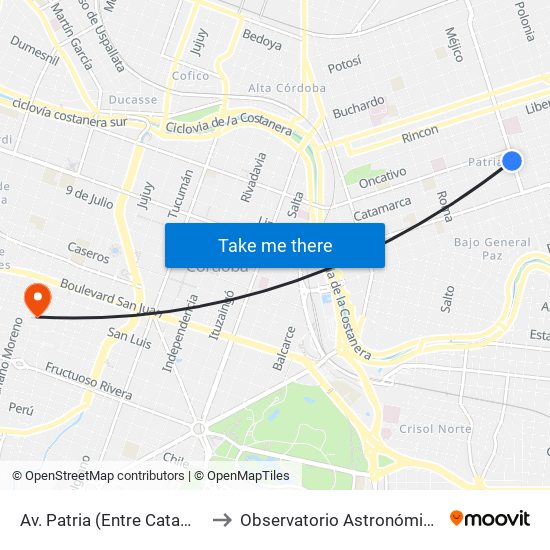 Av. Patria (Entre Catamarca Y Sarmiento) to Observatorio Astronómico De Córdoba - Unc map