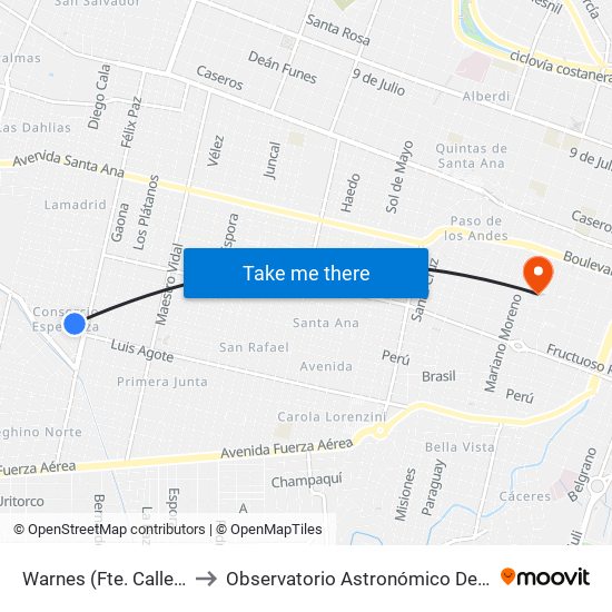 Warnes (Fte. Calle Descalzi) to Observatorio Astronómico De Córdoba - Unc map