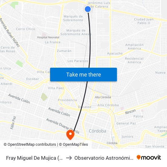 Fray Miguel De Mujica (Casi Esq. Calle S/N) to Observatorio Astronómico De Córdoba - Unc map