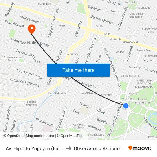 Av. Hipólito Yrigoyen (Entre Crisol Y Pza. España) to Observatorio Astronómico De Córdoba - Unc map