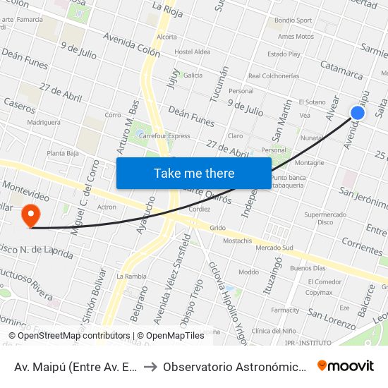 Av. Maipú (Entre Av. E. Olmos Y Lima) to Observatorio Astronómico De Córdoba - Unc map