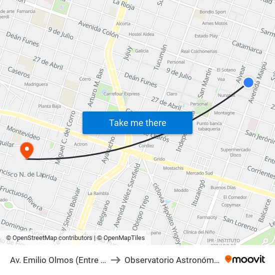 Av. Emilio Olmos (Entre Maipú Y Gral. Alvear) to Observatorio Astronómico De Córdoba - Unc map