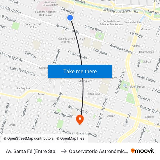 Av. Santa Fé (Entre Sta. Rosa Y La Rioja) to Observatorio Astronómico De Córdoba - Unc map