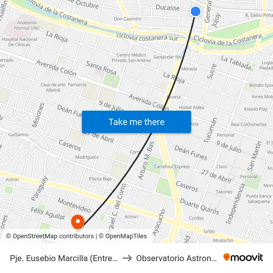 Pje. Eusebio Marcilla (Entre 12 De Octubre Y M. Fragueiro) to Observatorio Astronómico De Córdoba - Unc map