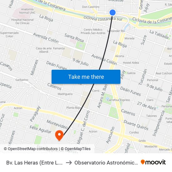 Bv. Las Heras (Entre L. Barcala Y Piñero) to Observatorio Astronómico De Córdoba - Unc map