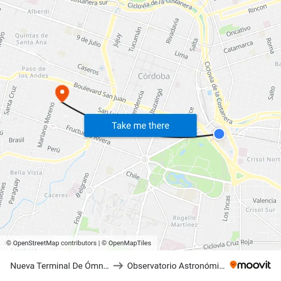 Nueva Terminal De Ómnibus - Plataforma 82 to Observatorio Astronómico De Córdoba - Unc map