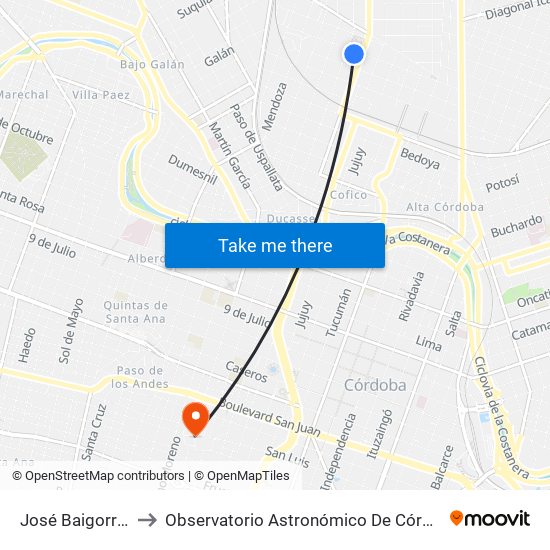 José Baigorri 747 to Observatorio Astronómico De Córdoba - Unc map