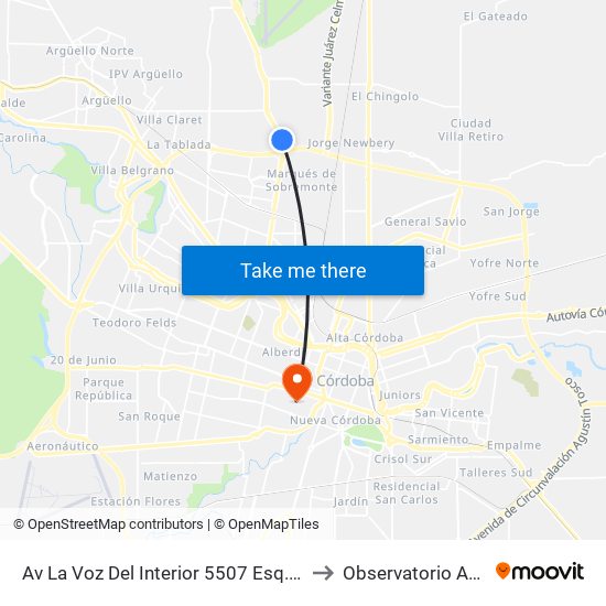 Av La Voz Del Interior 5507 Esq. Aguas Cordobesas (Entre Los Rusos Y Circunvalacion) to Observatorio Astronómico De Córdoba - Unc map