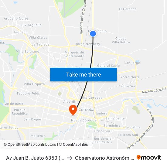 Av Juan B. Justo 6350 (Fte. Cordoba Rugby) to Observatorio Astronómico De Córdoba - Unc map