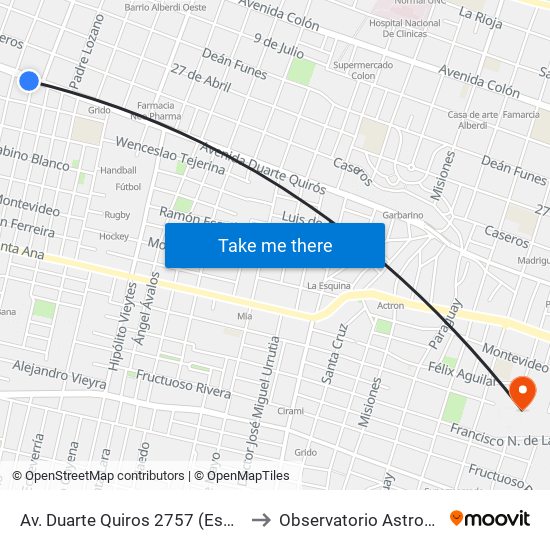 Av. Duarte Quiros 2757 (Esq. Pje. Almirante Guillermo Brown) to Observatorio Astronómico De Córdoba - Unc map