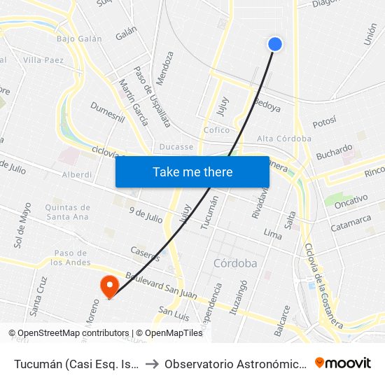 Tucumán (Casi Esq. Isabel La Católica) to Observatorio Astronómico De Córdoba - Unc map