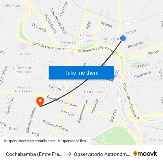 Cochabamba (Entre Fray M. Esquiú Y F. Frias) to Observatorio Astronómico De Córdoba - Unc map