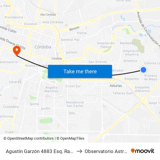Agustín Garzón 4883 Esq. Ramos Mejías (Entre Soto Y Ramos Mejías) to Observatorio Astronómico De Córdoba - Unc map