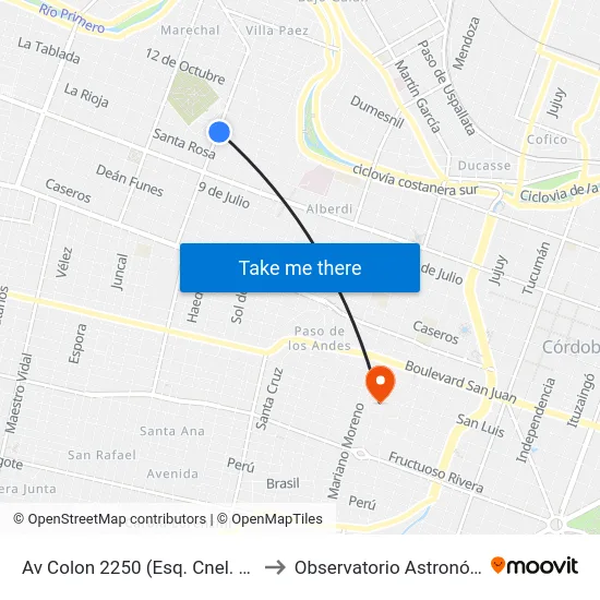 Av Colon 2250 (Esq. Cnel. Pedro Zanni (Fte Super Vea)) to Observatorio Astronómico De Córdoba - Unc map