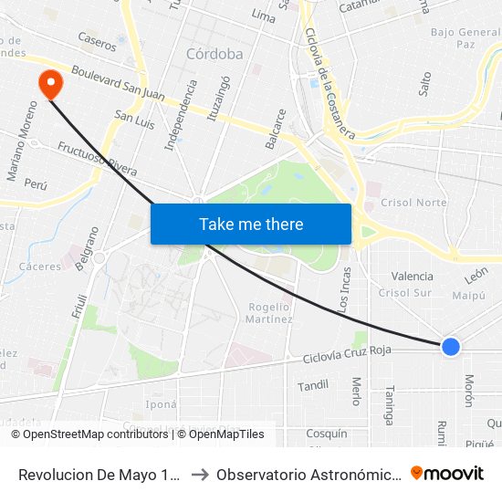 Revolucion De Mayo 1750 Esq. Asturias to Observatorio Astronómico De Córdoba - Unc map