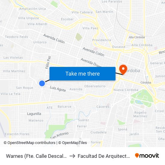 Warnes (Fte. Calle Descalzi) to Facultad De Arquitectura map