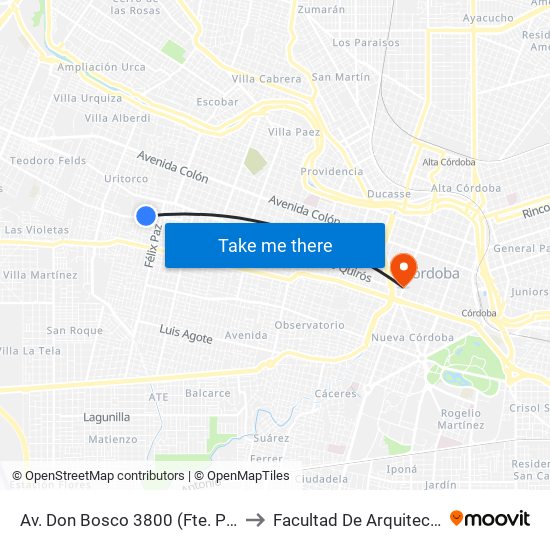 Av. Don Bosco 3800 (Fte. Plaza) to Facultad De Arquitectura map