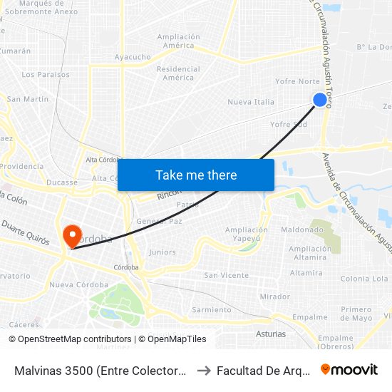 Malvinas 3500 (Entre Colectora Y Condarco) to Facultad De Arquitectura map