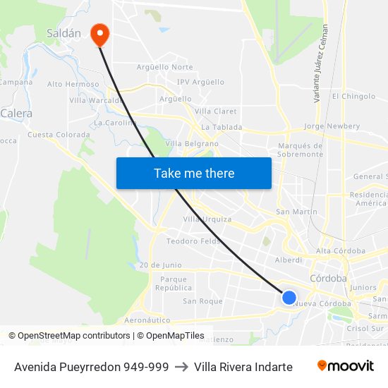 Avenida Pueyrredon 949-999 to Villa Rivera Indarte map