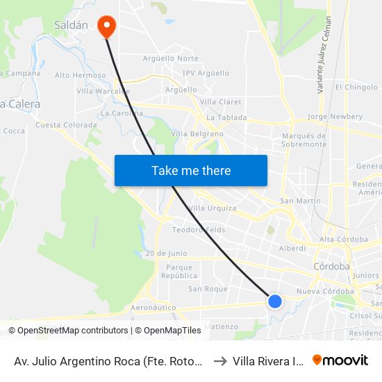 Av. Julio Argentino Roca (Fte. Rotonda Ala Delta) to Villa Rivera Indarte map