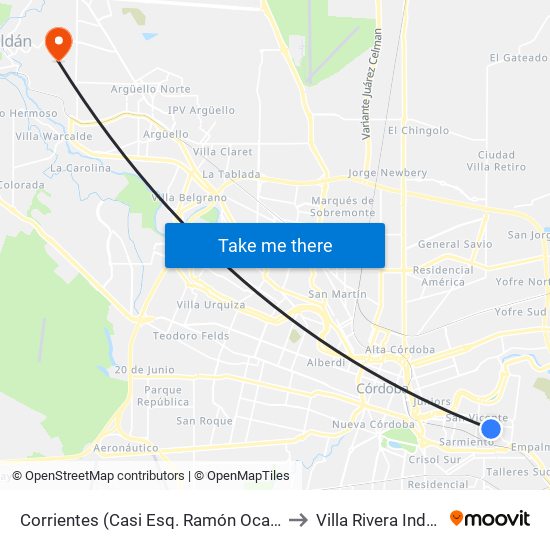 Corrientes (Casi Esq. Ramón Ocampo) to Villa Rivera Indarte map