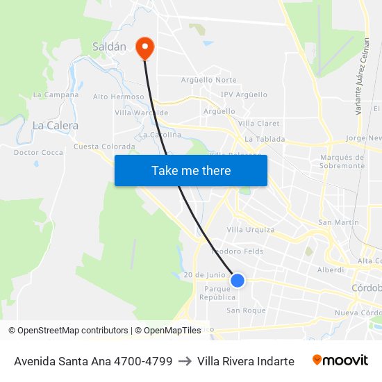 Avenida Santa Ana 4700-4799 to Villa Rivera Indarte map