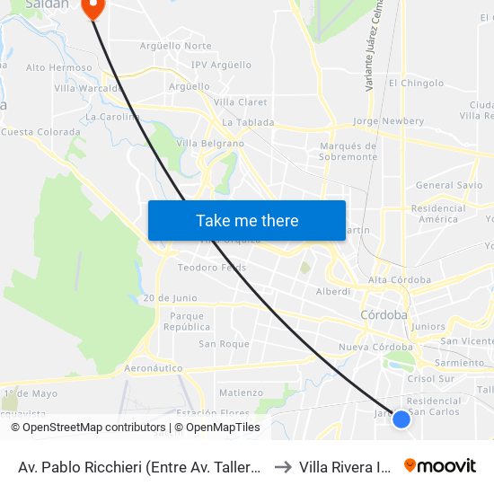 Av. Pablo Ricchieri (Entre Av. Talleres Y Olimpia) to Villa Rivera Indarte map