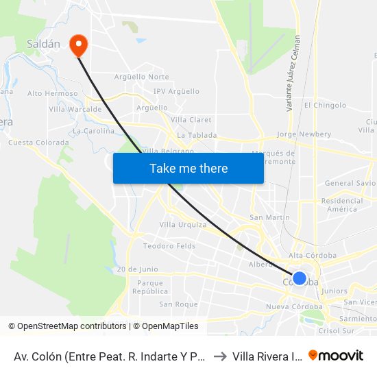 Av. Colón (Entre Peat. R. Indarte Y Peat. San Martín) to Villa Rivera Indarte map