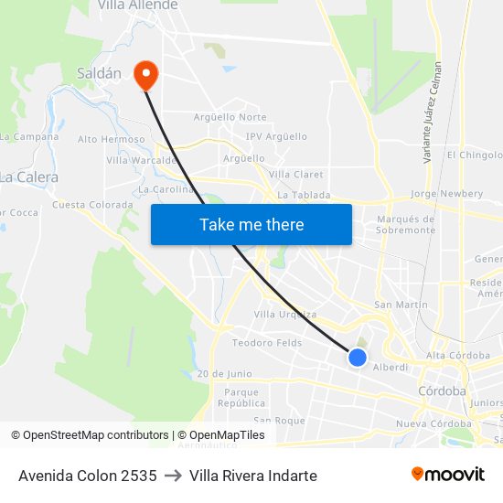 Avenida Colon 2535 to Villa Rivera Indarte map