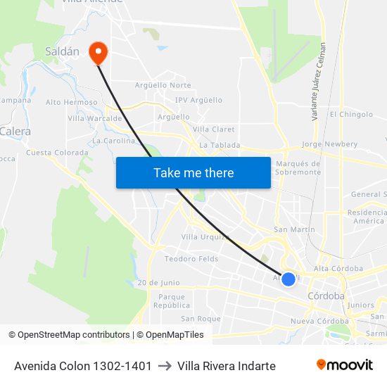 Avenida Colon 1302-1401 to Villa Rivera Indarte map