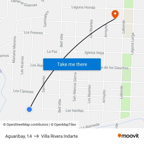 Aguaribay, 14 to Villa Rivera Indarte map