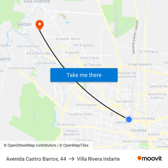 Avenida Castro Barros, 44 to Villa Rivera Indarte map