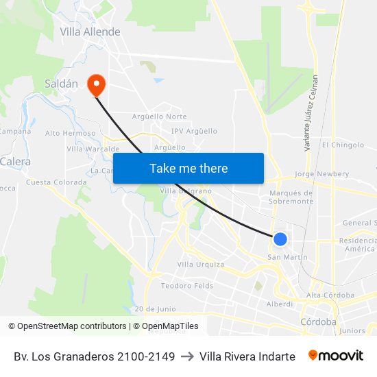 Bv. Los Granaderos 2100-2149 to Villa Rivera Indarte map