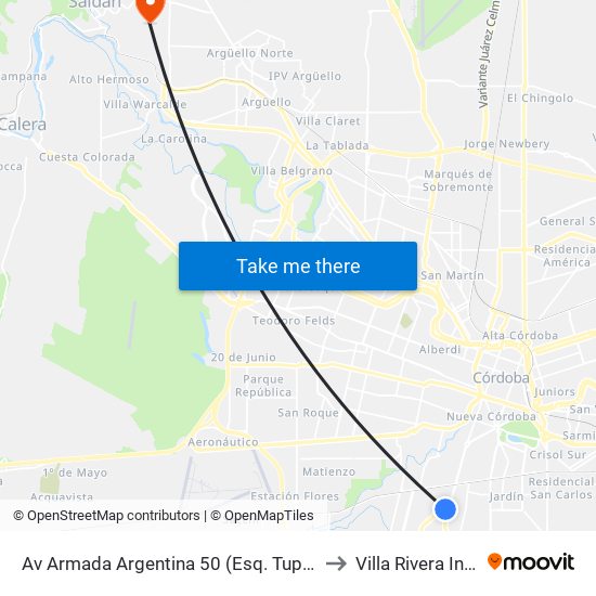 Av Armada Argentina 50 (Esq. Tupac Amaru) to Villa Rivera Indarte map