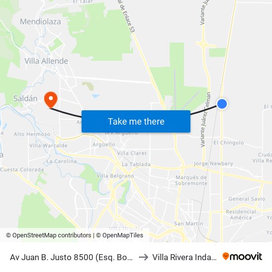 Av Juan B. Justo 8500 (Esq. Bordi) to Villa Rivera Indarte map