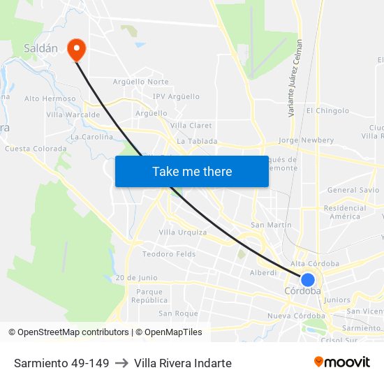 Sarmiento 49-149 to Villa Rivera Indarte map