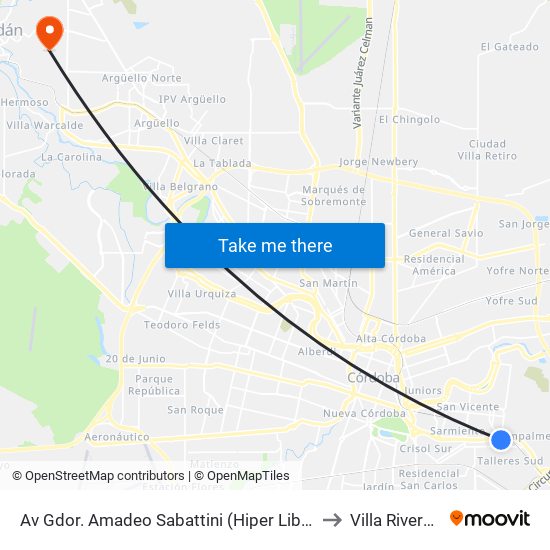 Av Gdor. Amadeo Sabattini (Hiper Libertad) (Hiper Libertad) to Villa Rivera Indarte map