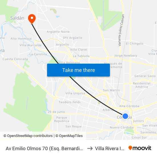 Av Emilio Olmos 70 (Esq. Bernardino Rivadavia) to Villa Rivera Indarte map