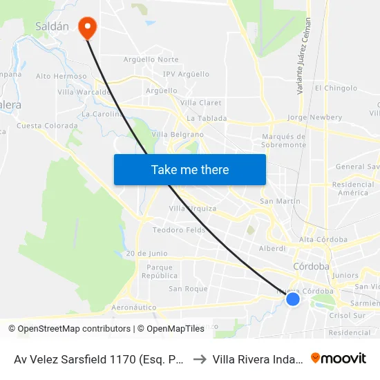 Av Velez Sarsfield 1170  (Esq. Peru) to Villa Rivera Indarte map