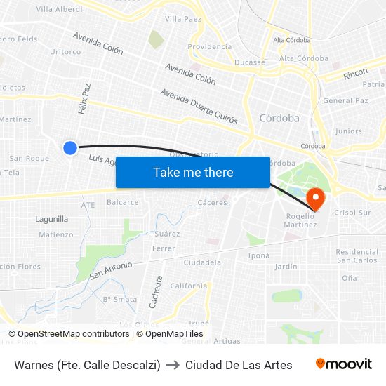 Warnes (Fte. Calle Descalzi) to Ciudad De Las Artes map