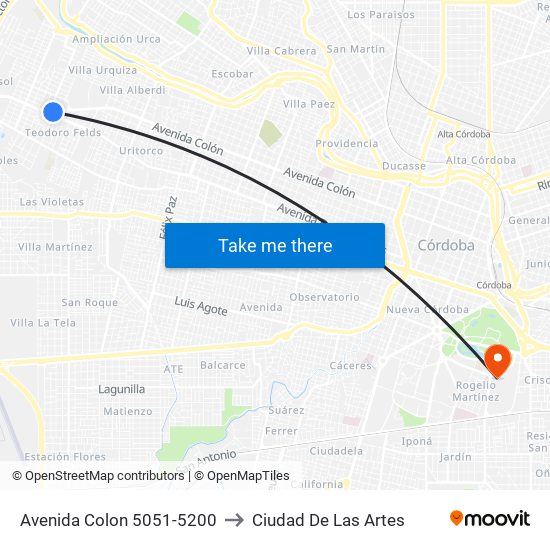 Avenida Colon 5051-5200 to Ciudad De Las Artes map