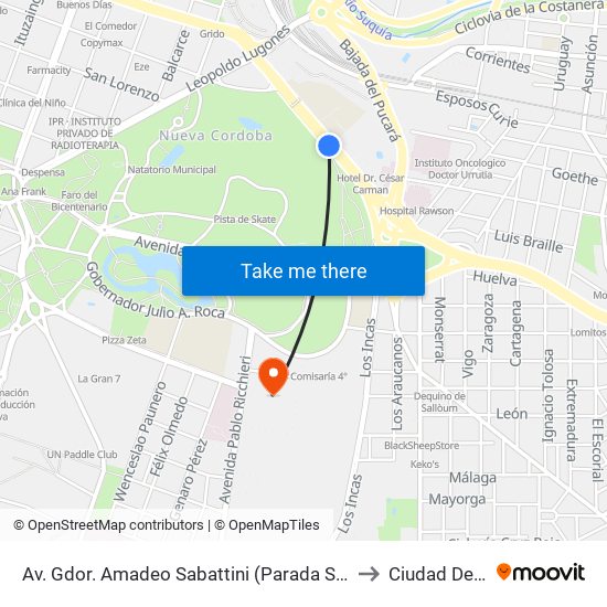 Av. Gdor. Amadeo Sabattini (Parada Solo Bús Desde El Centro N° 1) to Ciudad De Las Artes map