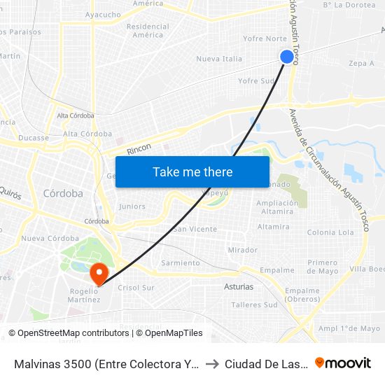 Malvinas 3500 (Entre Colectora Y Condarco) to Ciudad De Las Artes map