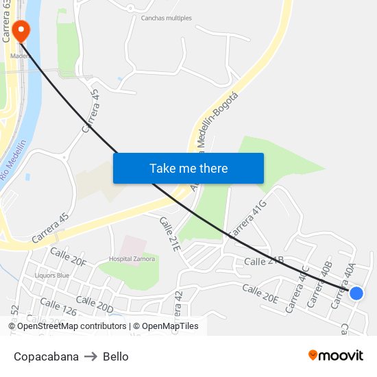 Copacabana to Bello map