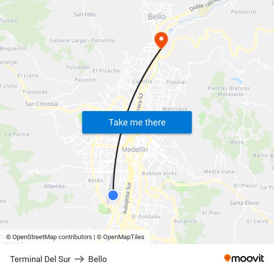 Terminal Del Sur to Bello map