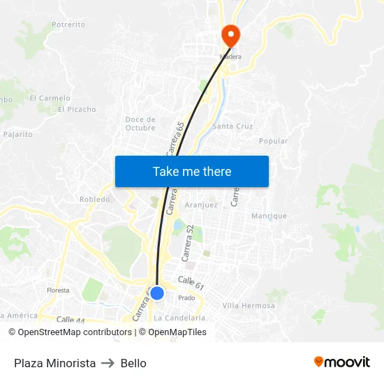 Plaza Minorista to Bello map