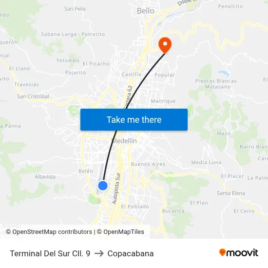 Terminal Del Sur Cll. 9 to Copacabana map