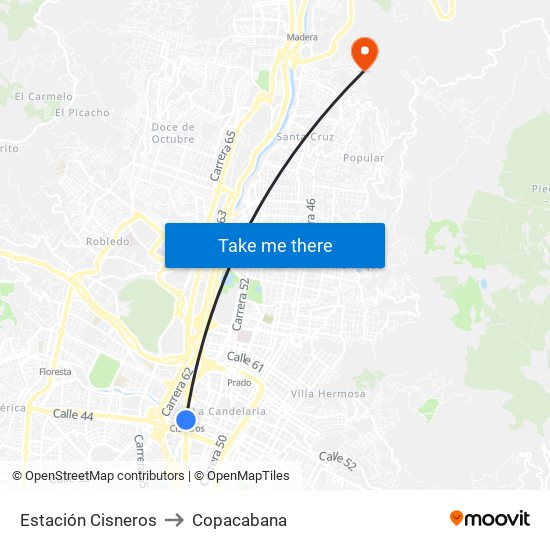 Estación Cisneros to Copacabana map