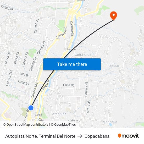 Autopista Norte, Terminal Del Norte to Copacabana map