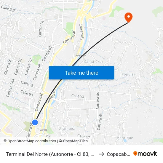 Terminal Del Norte (Autonorte - Cl 83, Medellín) to Copacabana map